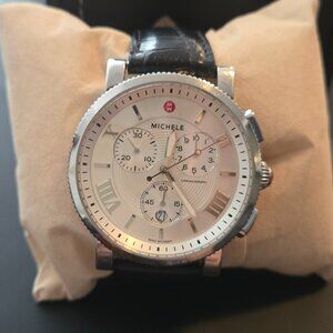 Michele 41mm Silver Sail Sport Watch Black Leather